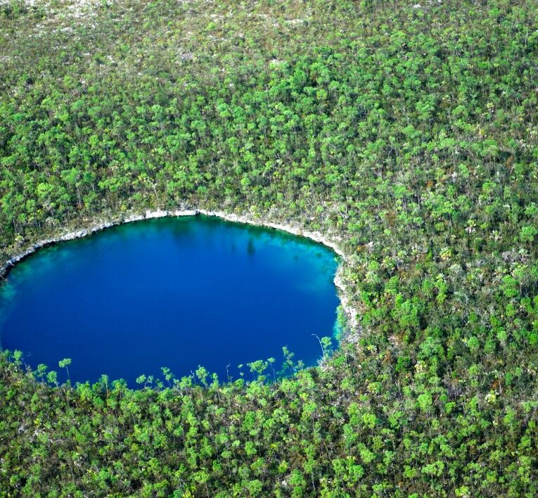 Deep blue Andros blue hole from above